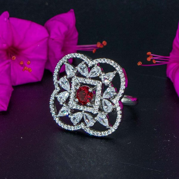 City Girl Brass Green Cz stone Studded Rhodium Plated Cocktail Finge Ring. (Free Size)