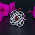 City Girl Brass Rhodium-Plated CZ Starburst Grace Cocktail Ring (red)