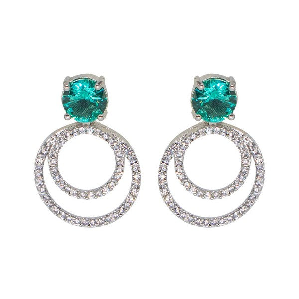 Manikya Brass American Diamond Rhodium Plated  Earings Tops With Sea Green Hydro Coloured CZ Stones