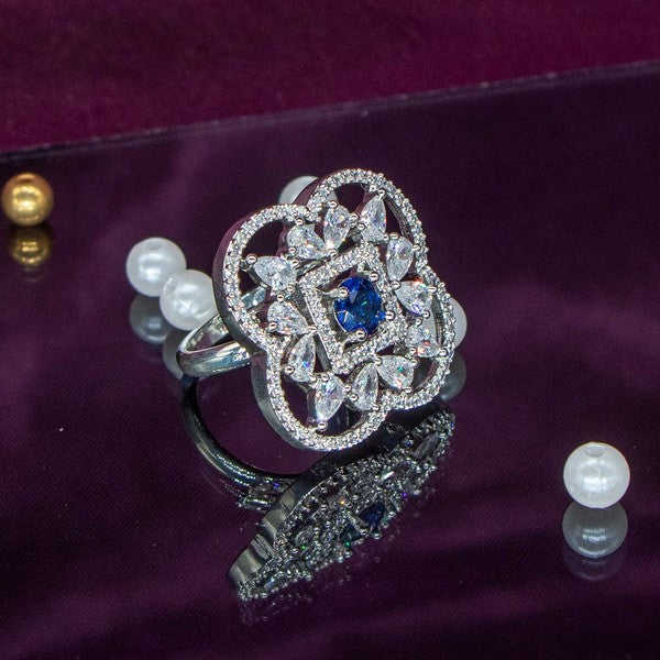 City Girl Brass Green Cz stone Studded Rhodium Plated Cocktail Finge Ring. (Free Size)