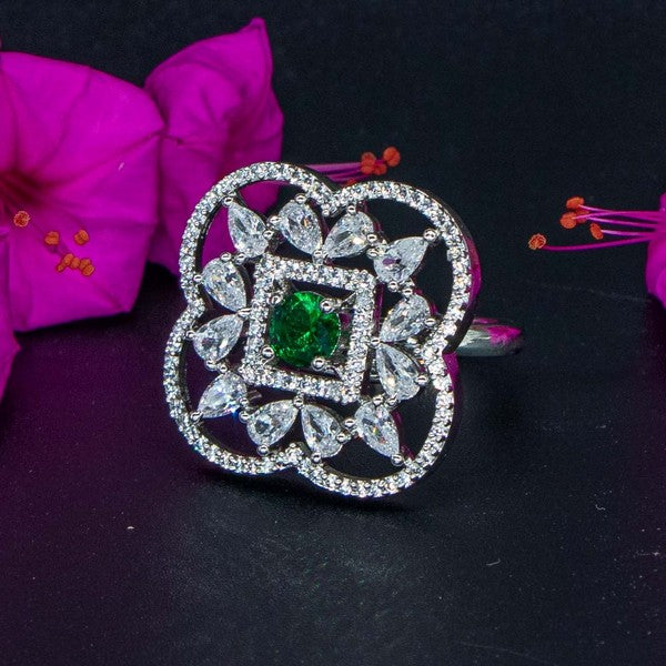 City Girl Brass Green Cz stone Studded Rhodium Plated Cocktail Finge Ring. (Free Size)