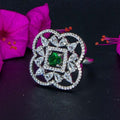 City Girl Brass Green Cz stone Studded Rhodium Plated Cocktail Finge Ring. (Free Size) (GREEN)