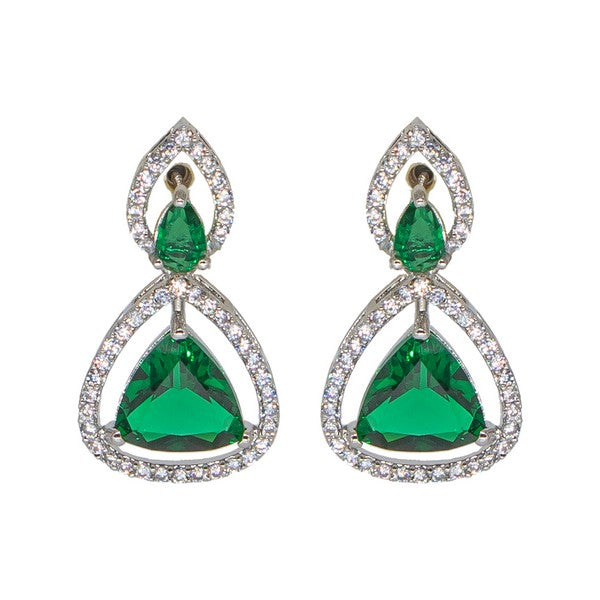 Manikya Brass American Diamond Rhodium Plated  Earings Tops With Green Hydro Coloured CZ Stones