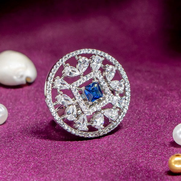 City Girl Brass Rhodium-Plated CZ Sapphire Glow Cocktail Ring