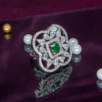 City Girl Brass Green Cz stone Studded Rhodium Plated Cocktail Finge Ring. (Free Size)
