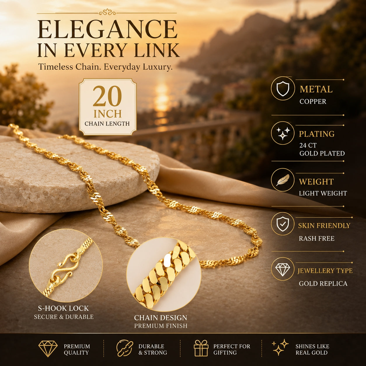 City Girl Jewellery 24CT Gold Plated Twisted Snake Chain Necklace for Women & Girls | 20 Inch Copper Gold Replica Chain | Lightweight, Rash Free & Skin Friendly | Premium Fashion Jewellery for Daily Wear, Office, Party & Festive Wear (CN 426)
