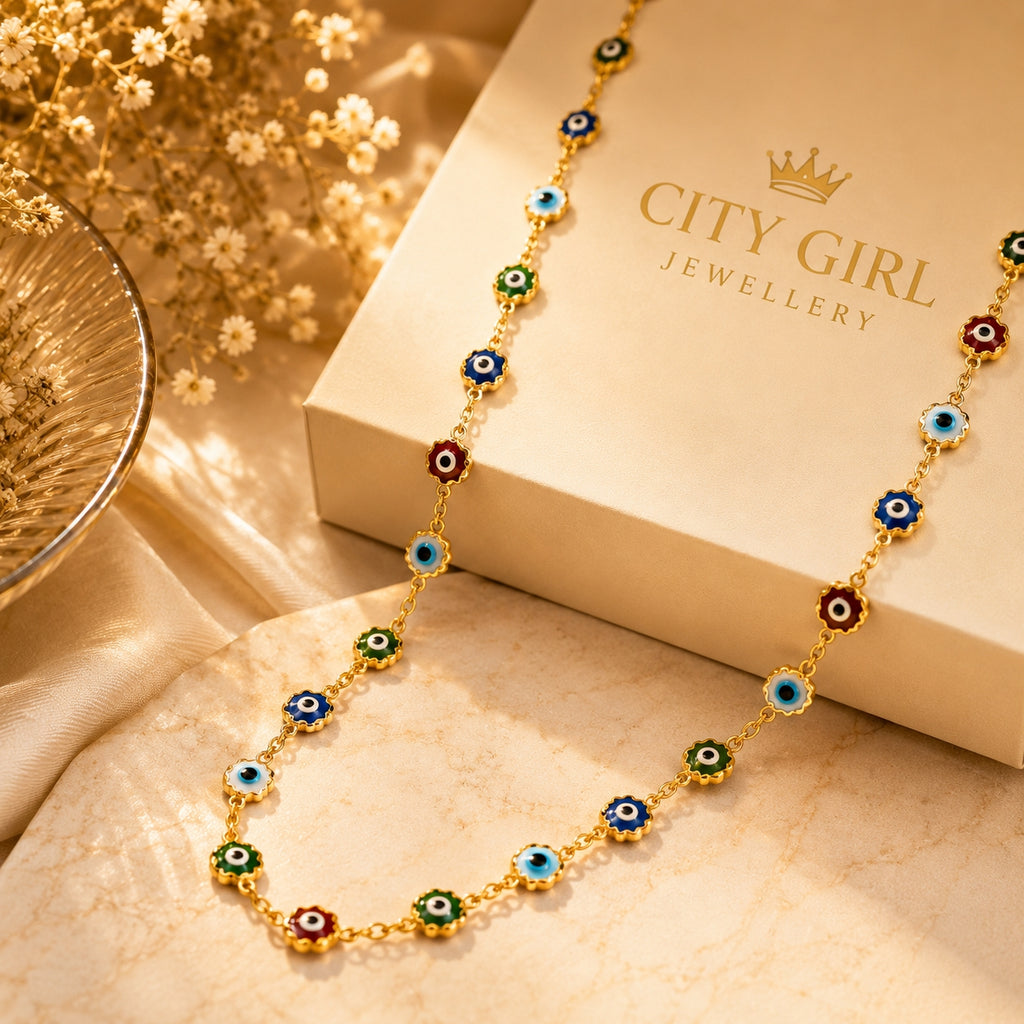 City Girl Jewellery 24K Gold Plated Evil Eye Chain Necklace for Women | Anti-Tarnish | Hypoallergenic | Multicolor Enamel Beads | Lightweight Daily Wear Jewellery | 24 Inch (CN 1743)