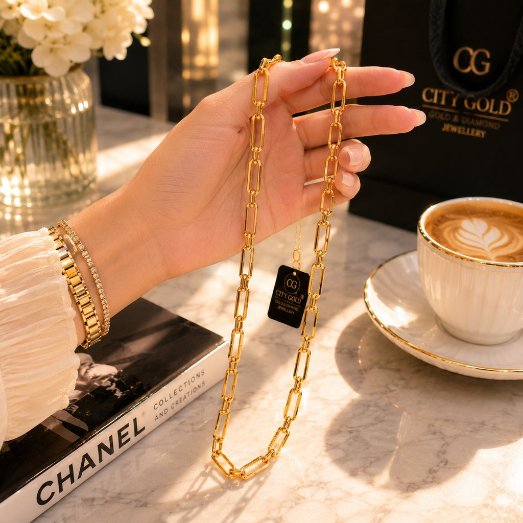 City Girl Jewellery 20 and 24 Inch Gold Plated Paperclip Link Chain Necklace for Women | 5 mm Broad Statement Chain with S Hook Clasp | Trendy Daily Wear Fashion Jewellery for Western & Ethnic Outfits