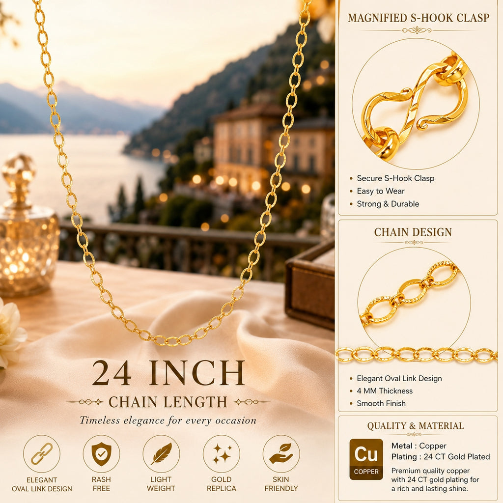 City Girl Jewellery 24KT Gold Plated 24 Inch Chain for Men & Women | 4mm Oval Link Necklace | Lightweight 6g Gold Replica Chain | Copper Base | Anti-Rash | Daily Wear Fashion Jewellery