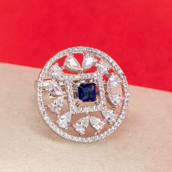 City Girl Brass Rhodium-Plated CZ Sapphire Glow Cocktail Ring