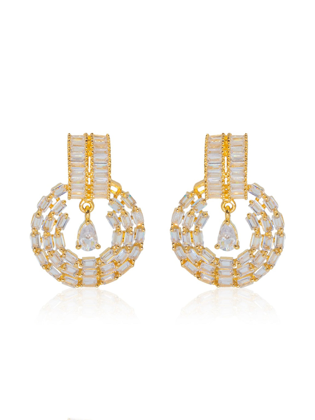 City Girl Jewellery Gold-Plated Baguette CZ Circular Drop Earrings for Women | Premium Statement Party Wear Earrings