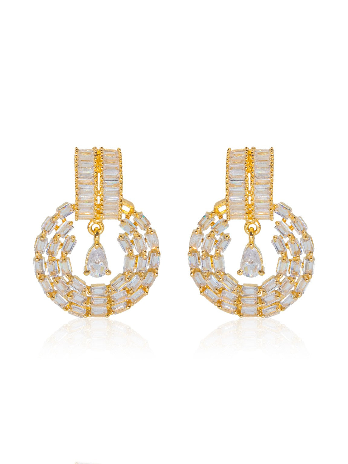 City Girl Jewellery Gold-Plated Baguette CZ Circular Drop Earrings for Women | Premium Statement Party Wear Earrings