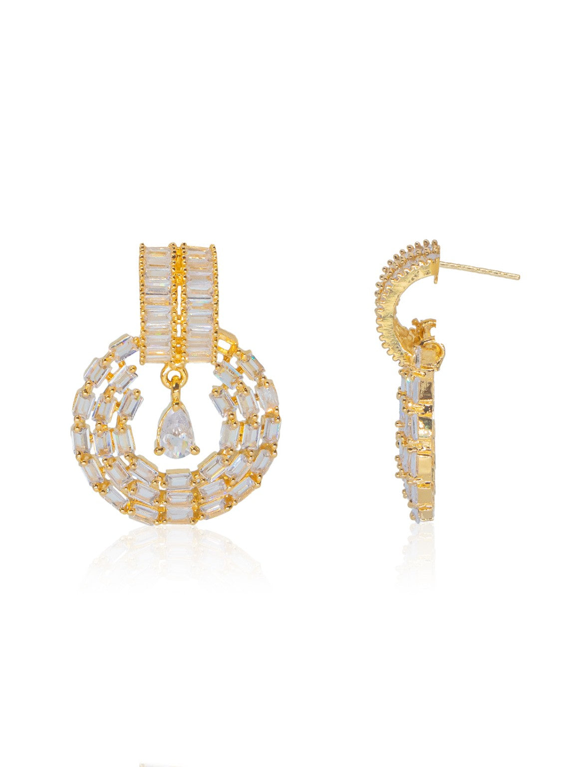 City Girl Jewellery Gold-Plated Baguette CZ Circular Drop Earrings for Women | Premium Statement Party Wear Earrings