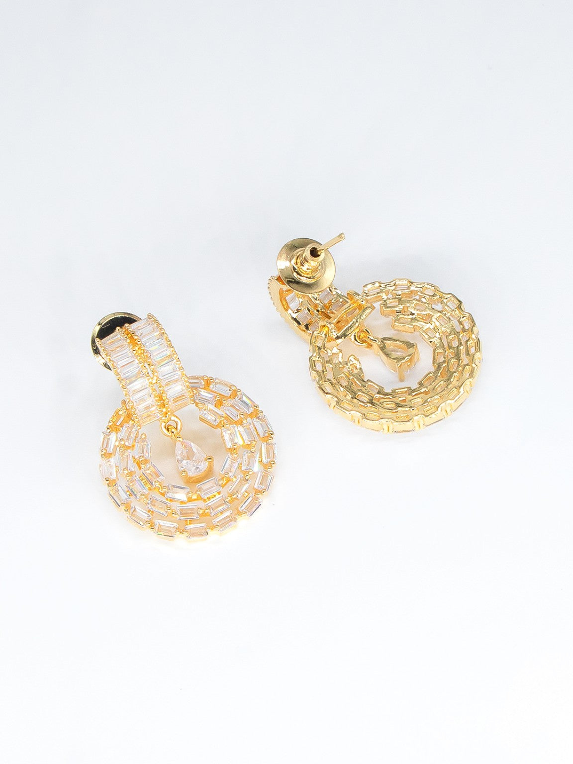 City Girl Jewellery Gold-Plated Baguette CZ Circular Drop Earrings for Women | Premium Statement Party Wear Earrings
