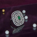 City Girl Brass Green Cz stone Studded Rhodium Plated Cocktail Finge Ring. (Free Size)