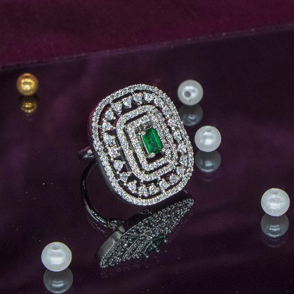 City Girl Brass Green Cz stone Studded Rhodium Plated Cocktail Finge Ring. (Free Size)