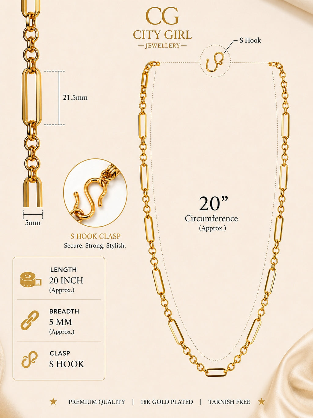 City Girl Jewellery 18K Gold Plated 20 Inch / 24 Inch Link Chain for Men & Women | 5mm Micro Gold Plated Stainless Steel Chain | Anti Tarnish, Waterproof, Skin Friendly, Lightweight Daily Wear Necklace