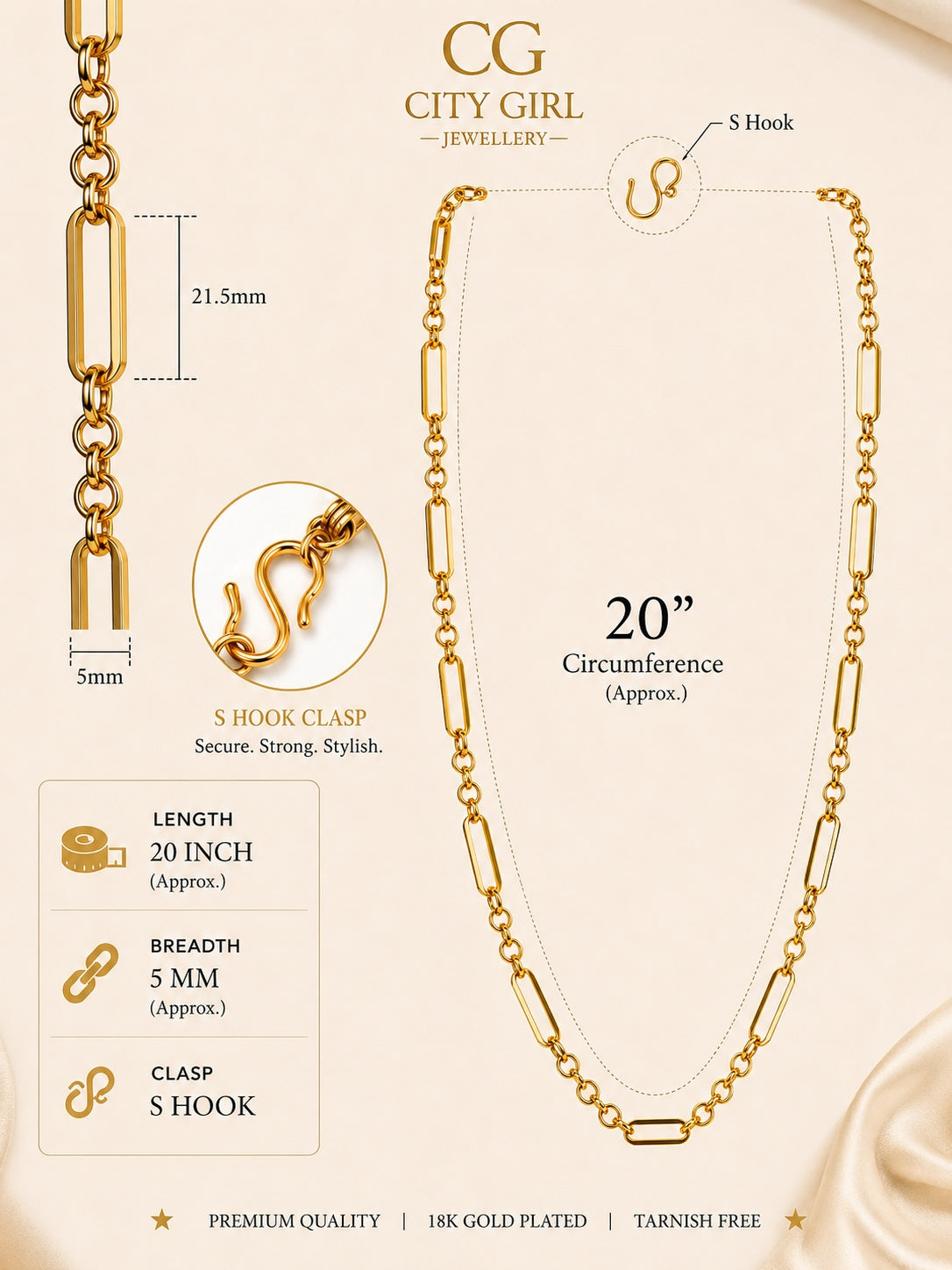 City Girl Jewellery 18K Gold Plated 20 Inch / 24 Inch Link Chain for Men & Women | 5mm Micro Gold Plated Stainless Steel Chain | Anti Tarnish, Waterproof, Skin Friendly, Lightweight Daily Wear Necklace