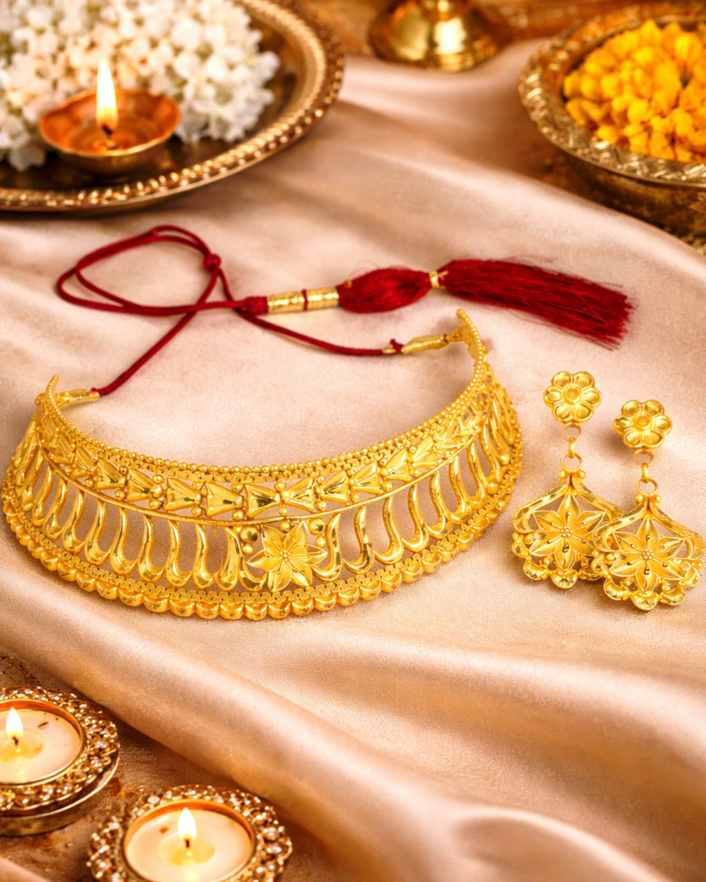 MANIKYA Gold Plated Copper Choker Necklace Set for Women | Bridal Wedding Jewellery Set with Earrings | Traditional Ethnic Party Wear