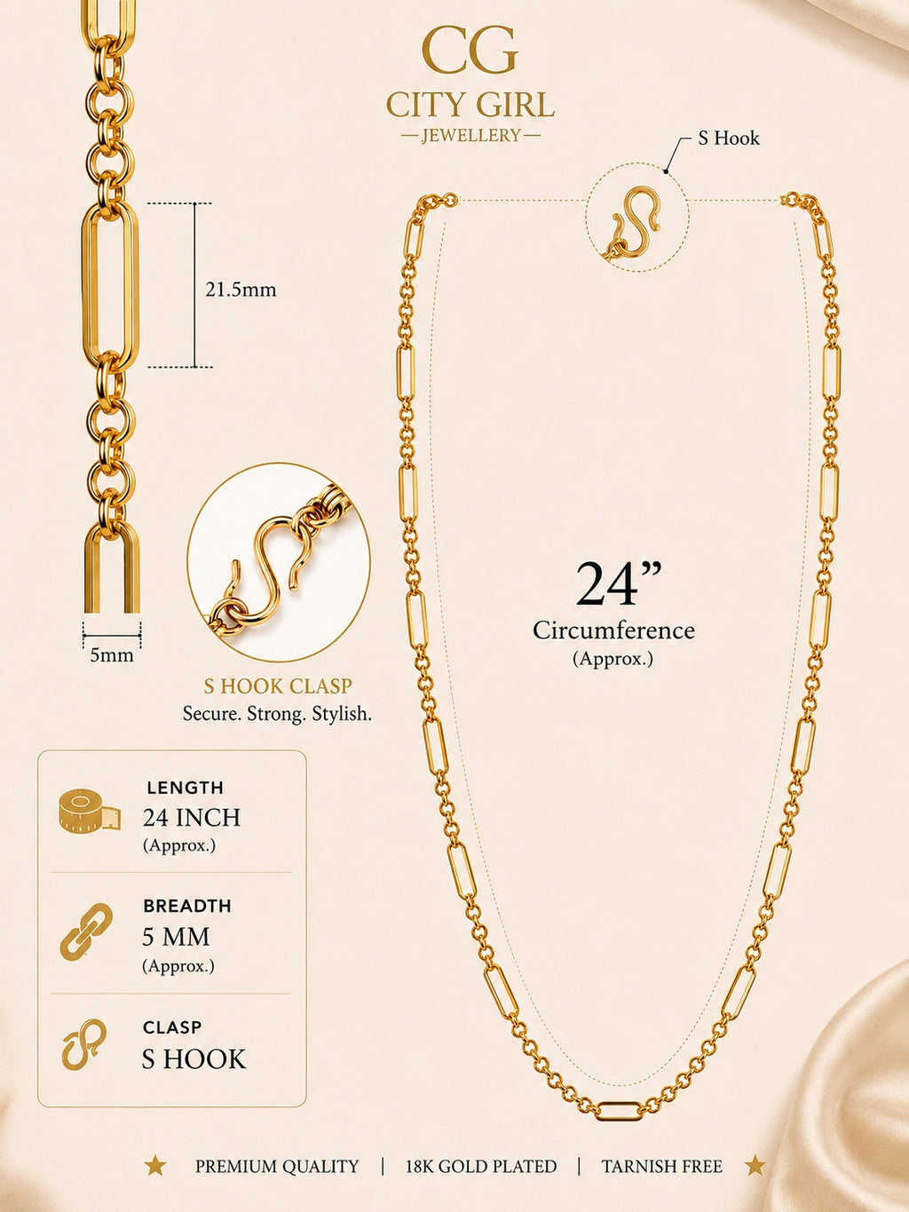 City Girl Jewellery 18K Gold Plated 20 Inch / 24 Inch Link Chain for Men & Women | 5mm Micro Gold Plated Stainless Steel Chain | Anti Tarnish, Waterproof, Skin Friendly, Lightweight Daily Wear Necklace