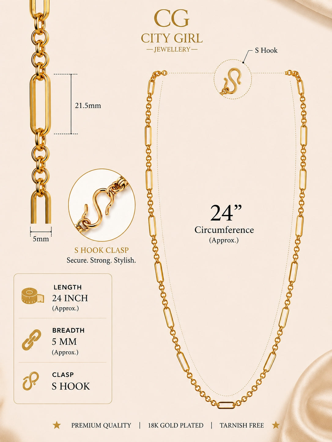 City Girl Jewellery 18K Gold Plated 20 Inch / 24 Inch Link Chain for Men & Women | 5mm Micro Gold Plated Stainless Steel Chain | Anti Tarnish, Waterproof, Skin Friendly, Lightweight Daily Wear Necklace