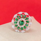 City Girl Brass Green Cz stone Studded Rhodium Plated Cocktail Finge Green Round Ring. (Free Size)