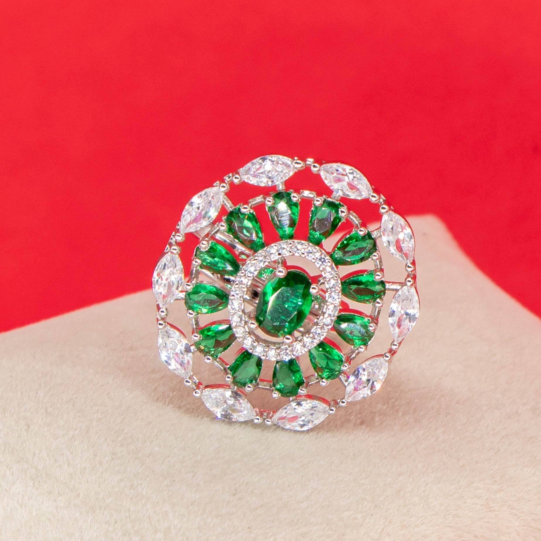 City Girl Brass Green Cz stone Studded Rhodium Plated Cocktail Finge Green Round Ring. (Free Size)