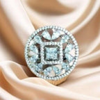 City Girl Brass Cz stone Studded Rhodium Plated Cocktail Finge Silver Round Ring. (Free Size)