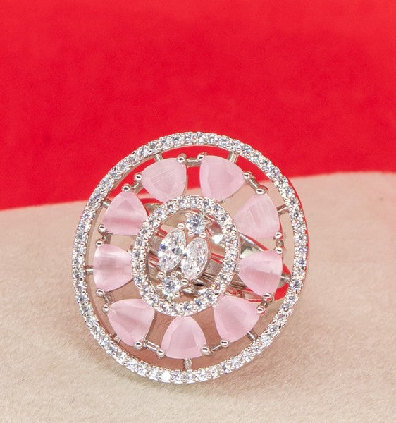City Girl Brass Pink Cz stone Studded Rhodium Plated Cocktail Pink Floral Finge Ring. (Free Size)