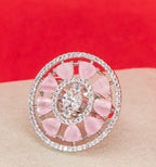 City Girl Brass Pink Cz stone Studded Rhodium Plated Cocktail Pink Floral Finge Ring. (Free Size)