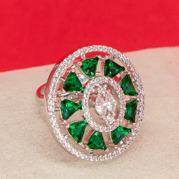 City Girl Brass Green Cz stone Studded Rhodium Plated Cocktail Finge Green Ova Ring. (Free Size)