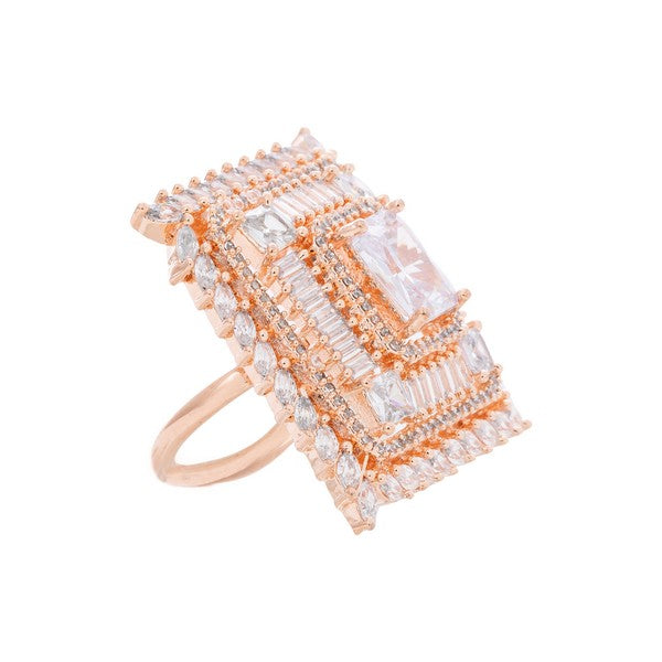 City Girl Brass Cz stone Studded Rose Gold Plated Cocktail Finge Wide Rose Gold Ring. (Free Size)