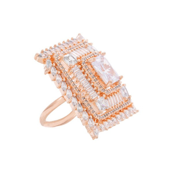 Manikya Brass Cz stone Studded Rose Gold Plated Cocktail Finge Ring. (Free Size)