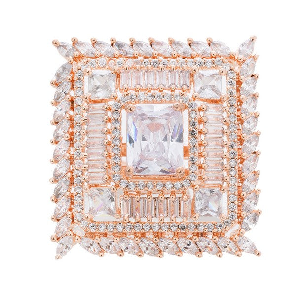 City Girl Brass Cz stone Studded Rose Gold Plated Cocktail Finge Wide Rose Gold Ring. (Free Size)