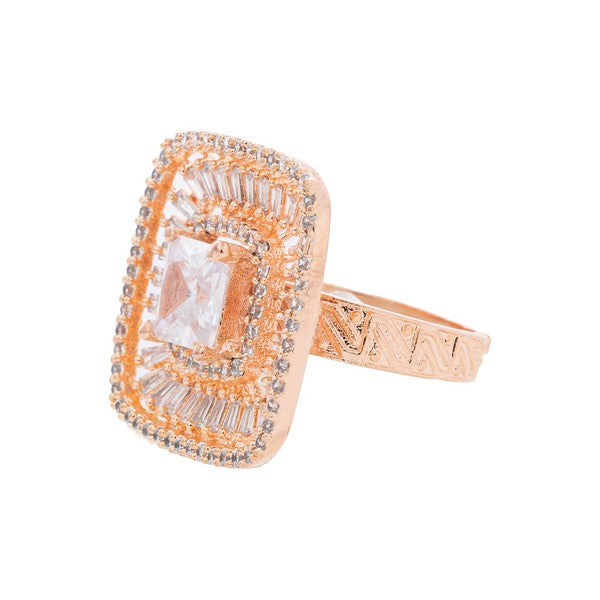City Girl Brass Cz stone Studded Textured Rose Gold Plated Cocktail Finge Ring. (Free Size)