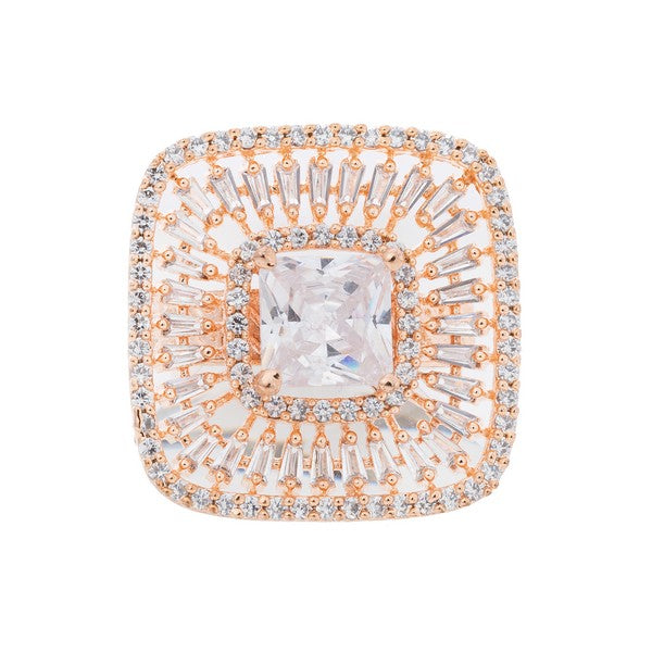 City Girl Brass Cz stone Studded Textured Rose Gold Plated Cocktail Finge Ring. (Free Size)