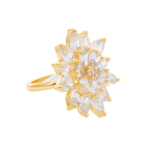City Girl Brass Cz stone Studded Gold Plated Cocktail Finge Ring. (Free Size)