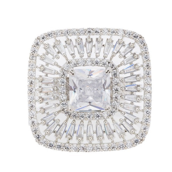 City Girl Brass Cz stone Studded Rhodium Plated Cocktail Finge Silver Stone Ring. (Free Size)