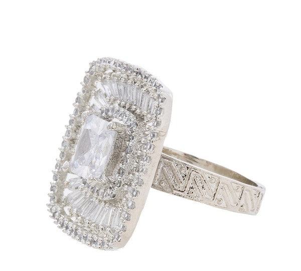 City Girl Brass Cz stone Studded Rhodium Plated Cocktail Finge Silver Stone Ring. (Free Size)