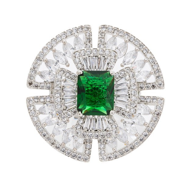 City Girl Brass Rhodium-Plated CZ Cocktail Circle Ring (Free Size)