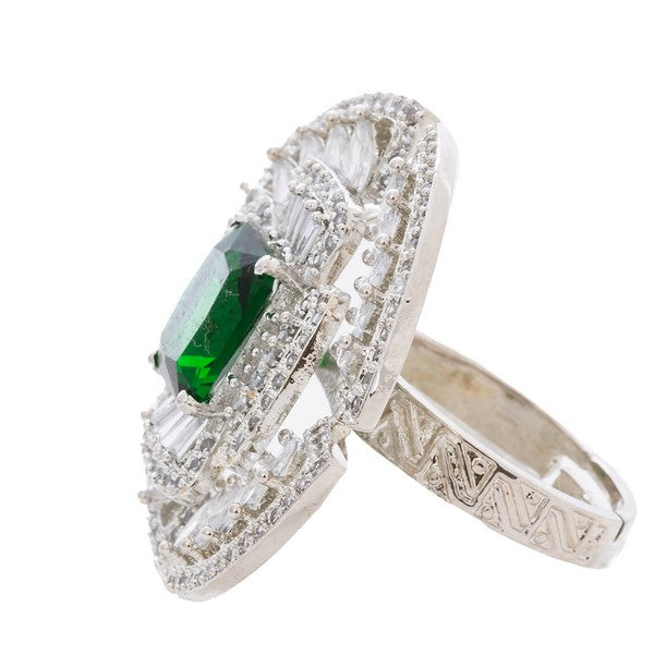 Manikya Brass Green Cz stone Studded Rhodium Plated Cocktail Finge Ring. (Free Size)