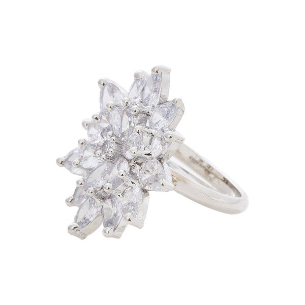 City Girl Brass Cz stone Studded Rhodium Plated Cocktail Finge Golden Leaf Ring. (Free Size)