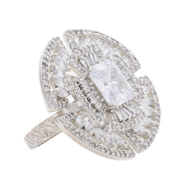 Manikya Brass Cz stone Studded Rhodium Plated Cocktail Finge Ring. (Free Size)