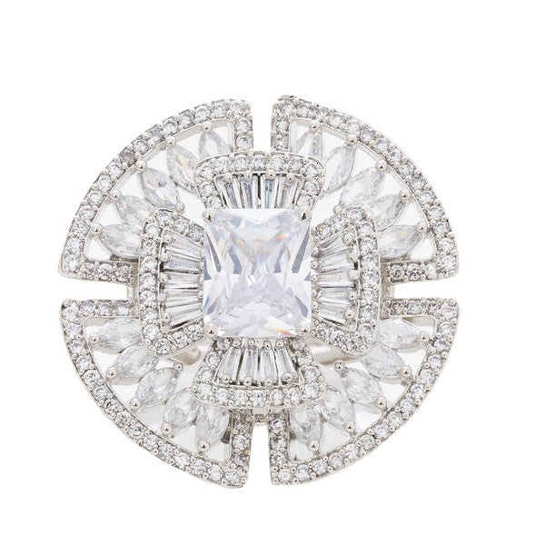 City Girl Brass Rhodium-Plated CZ Cocktail Circle Ring (Free Size)