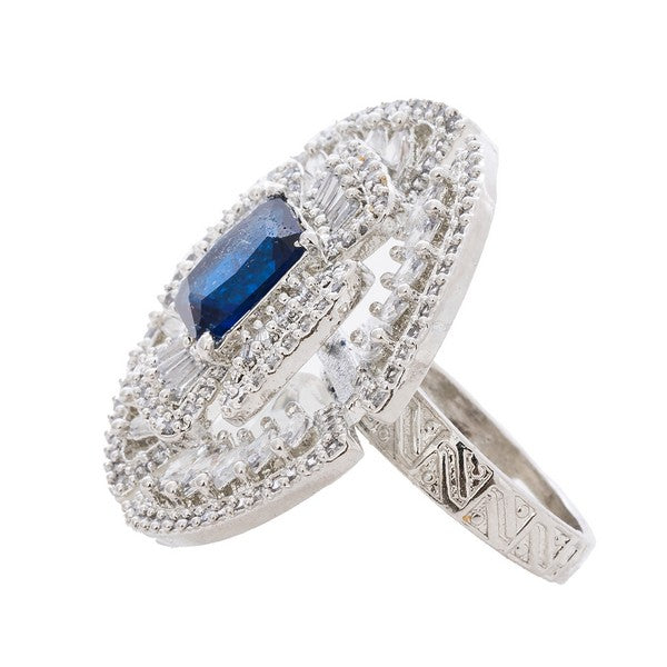 Manikya Brass Blue Cz stone Studded Rhodium Plated Cocktail Finge Ring. (Free Size)