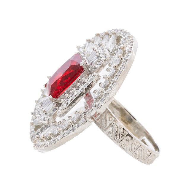 Manikya Brass Red Cz stone Studded Rhodium Plated Cocktail Finge Ring. (Free Size)