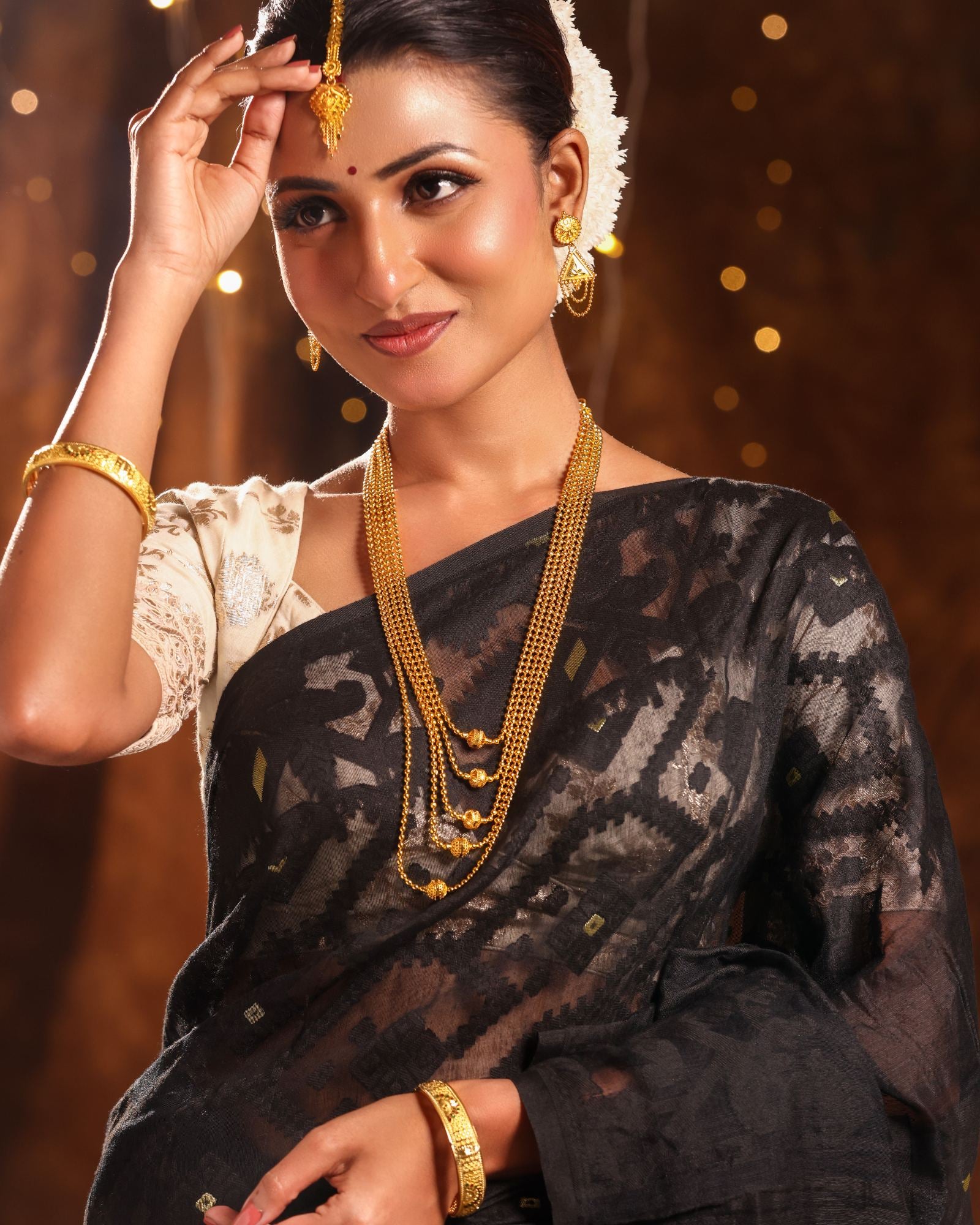 24CT Gold Plated Long Layered Haram Necklace Set for Women | Copper Base Traditional Jewellery | 30 Inch Necklace with Matching Earrings (3 cm) | Ethnic Wedding & Festive Wear