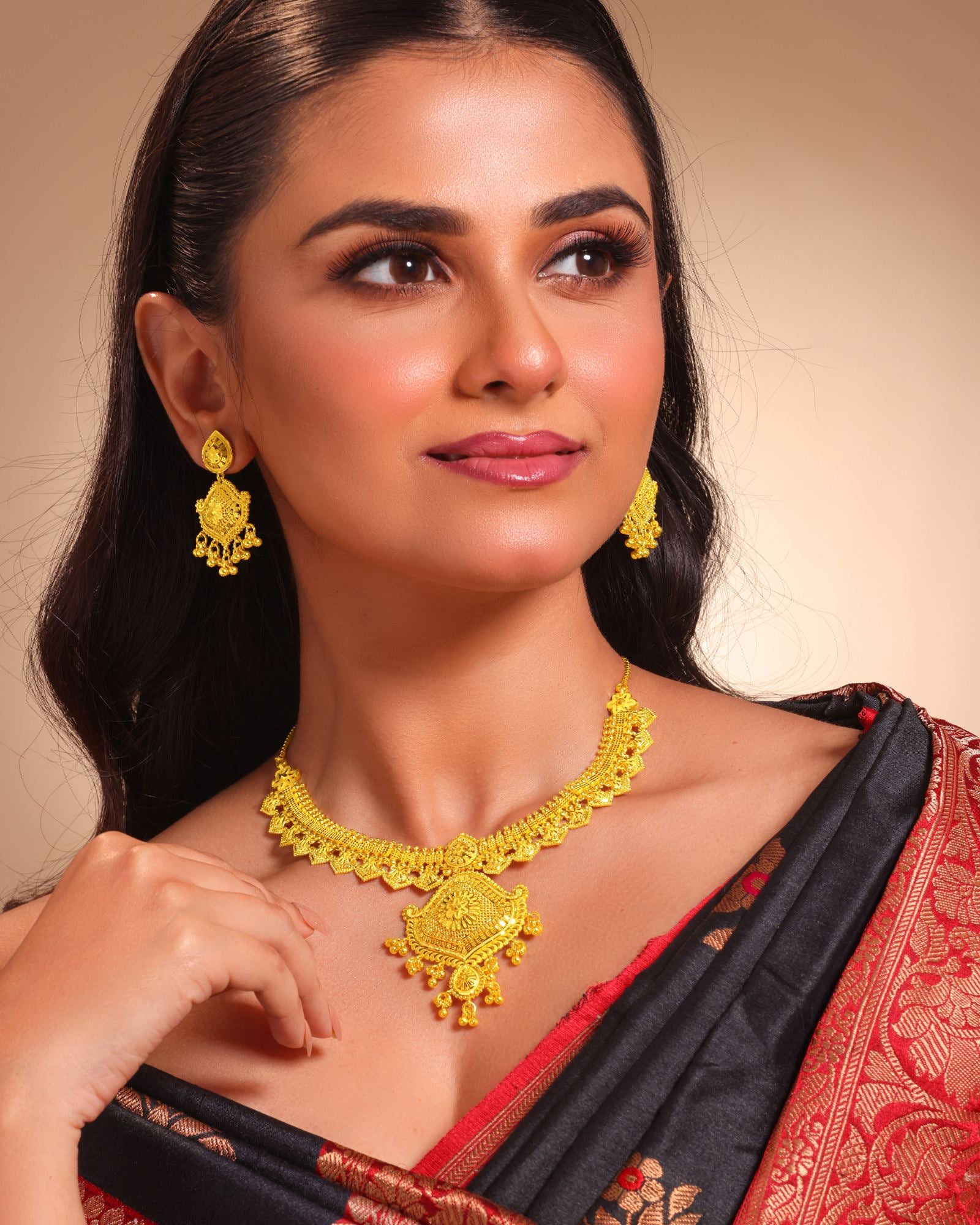 City Girl 24K Gold Plated Traditional Necklace Set with Matching Earrings | Antique Bridal Choker Jewellery Set for Women & Girls