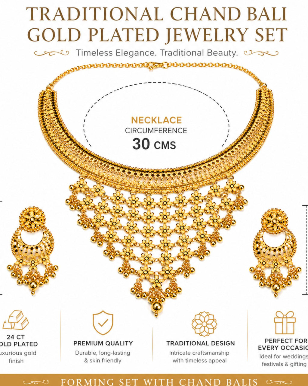 Ctiy Girl Jewellery 24K Gold Plated Traditional Chand Bali Necklace Set with Earrings