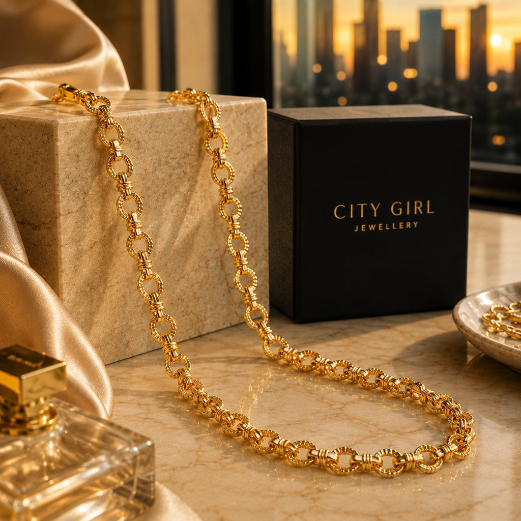 City Girl Jewellery 24 Inch Gold Plated Textured Oval Link Chain Necklace for Men & Women | Premium Statement Chain with Secure S Hook Clasp | Lightweight Fashion Jewellery
